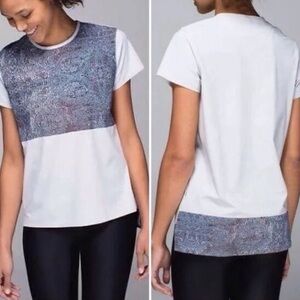 lululemon athletica White Short Sleeve Tee with Blue Pattern Panel